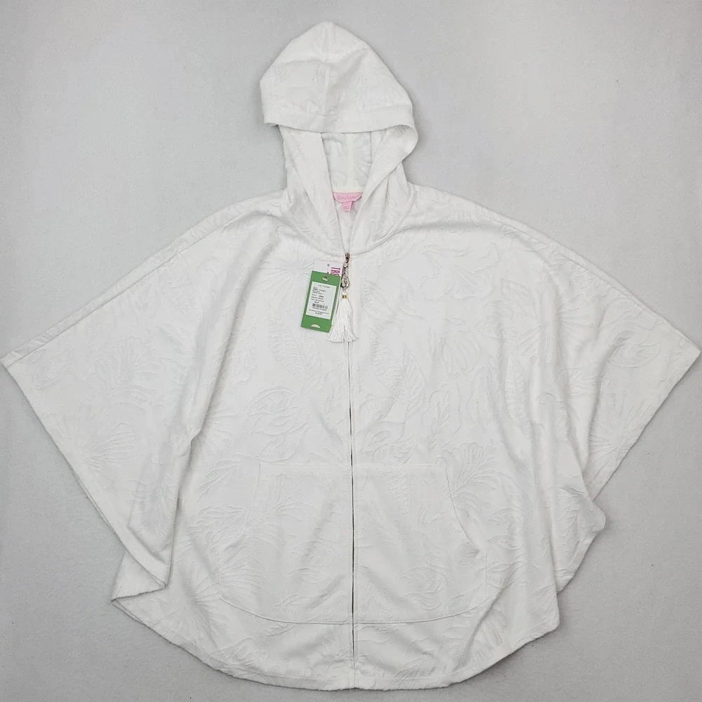 Lilly Pulitzer Robbins Poncho Womens Large White Jungle Leaf Jacquard Hooded